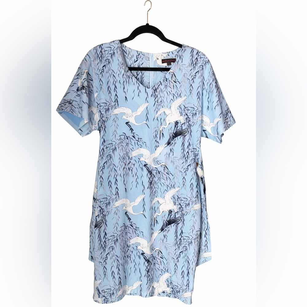 Superstition Blue Bird Print Dress • Tie Waist • Short Sleeve • Midi - Picture 3 of 10